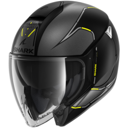 Motorcycle jet matt black, grey, yellow helmet