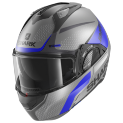 Motorcycle modular  grey, blue helmet 
