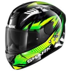 Motorcycle integral  black, green helmet 