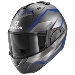 Motorcycle modular  grey, blue helmet 