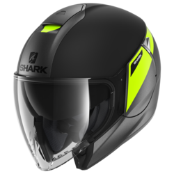 Motorcycle jet  black, yellow helmet 