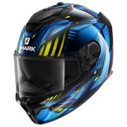 Motorcycle integral  black, blue helmet 